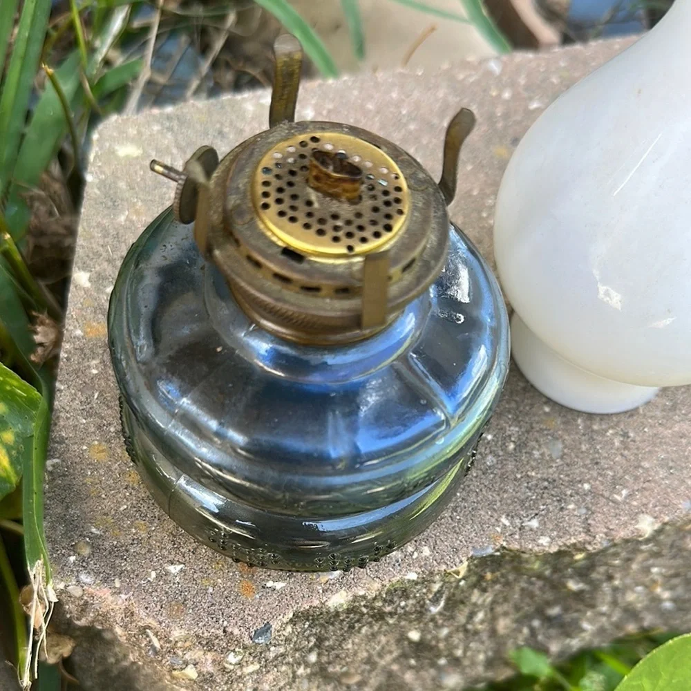 Vintage Three Star brand Glass Oil Lamp with White and Blue Accents